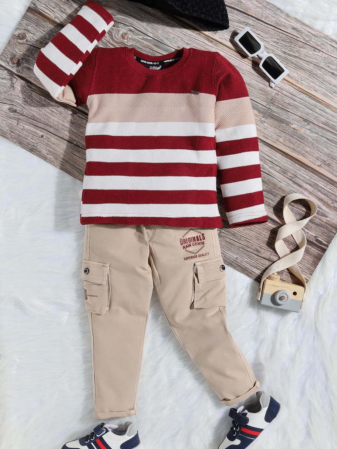 

Toonyport Boys Striped Long Sleeves T-shirt with Denim Trousers, Red