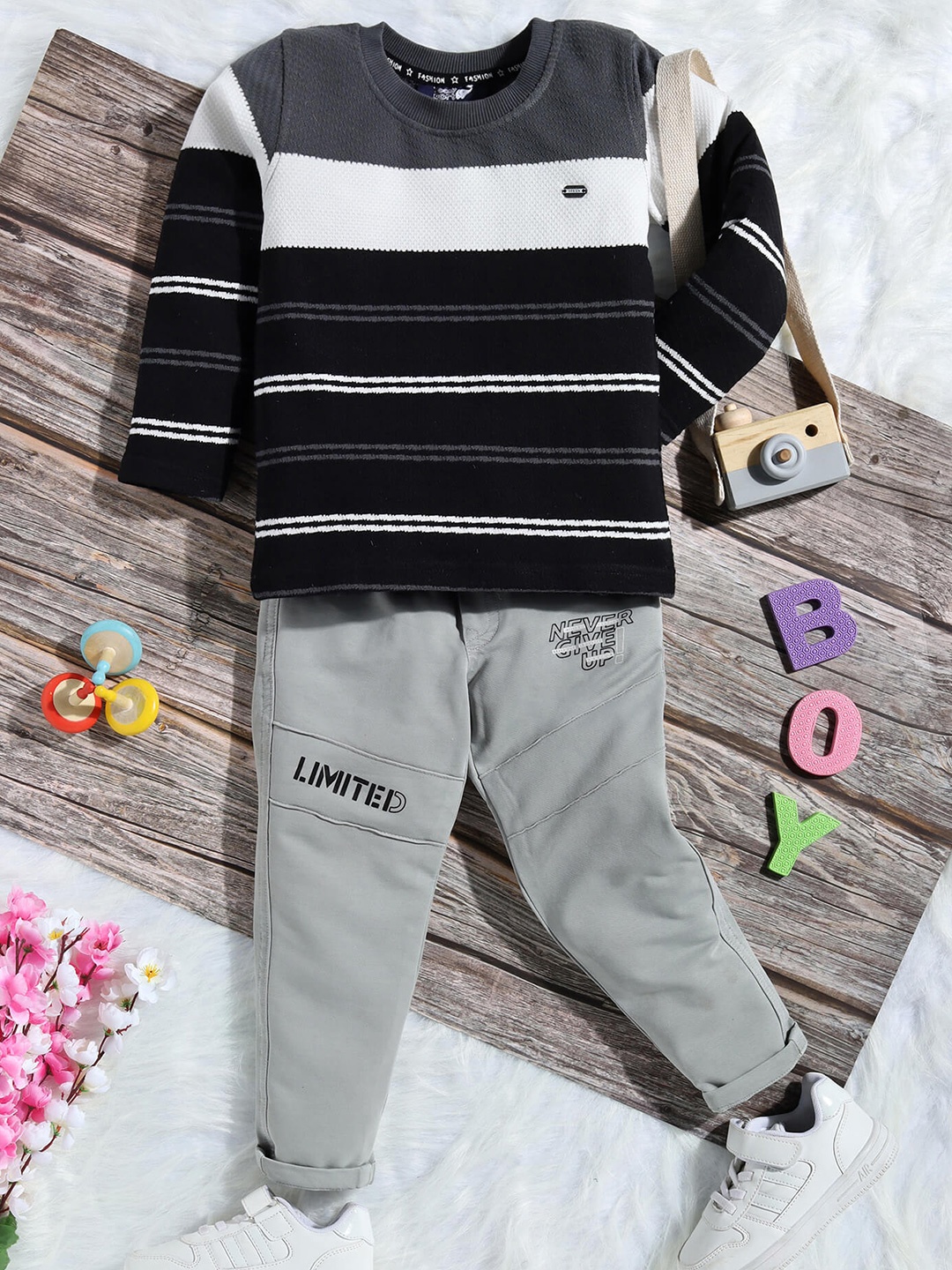 

Toonyport Boys Striped Sweater With Trousers, Black
