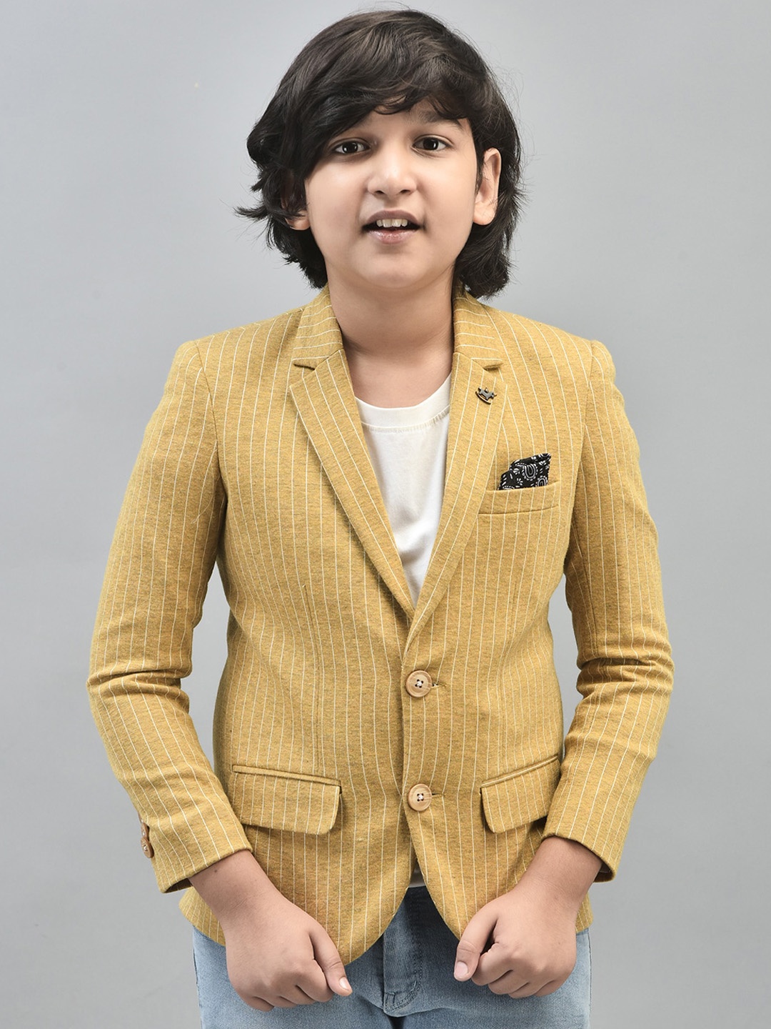 

Crimsoune Club Boys Striped Single Breasted Blazer, Mustard