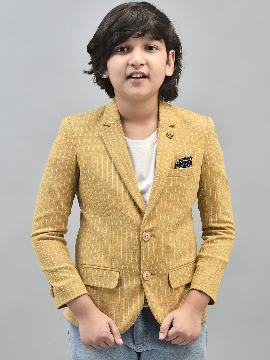 

Crimsoune Club Boys Striped Notched Lapel Single Breasted Blazer, Mustard