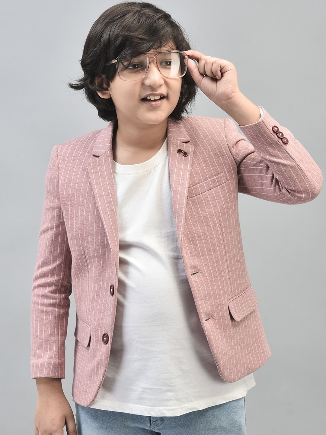 

Crimsoune Club Boys Striped Notched Lapel Collar Single Breasted Blazer, Peach