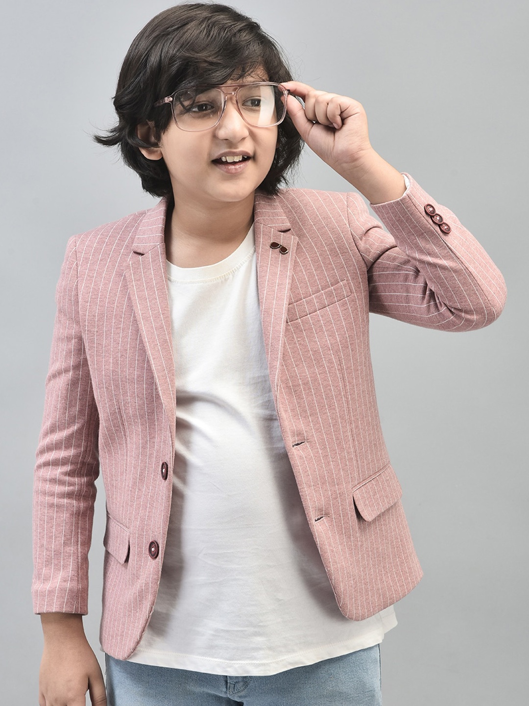 

Crimsoune Club Boys Striped Notched Lapel Single-Breasted Blazer, Peach