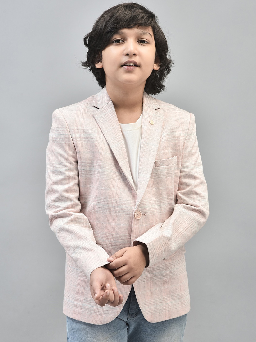 

Crimsoune Club Boys Checked Notched Lapel Single-Breasted Blazer, Peach