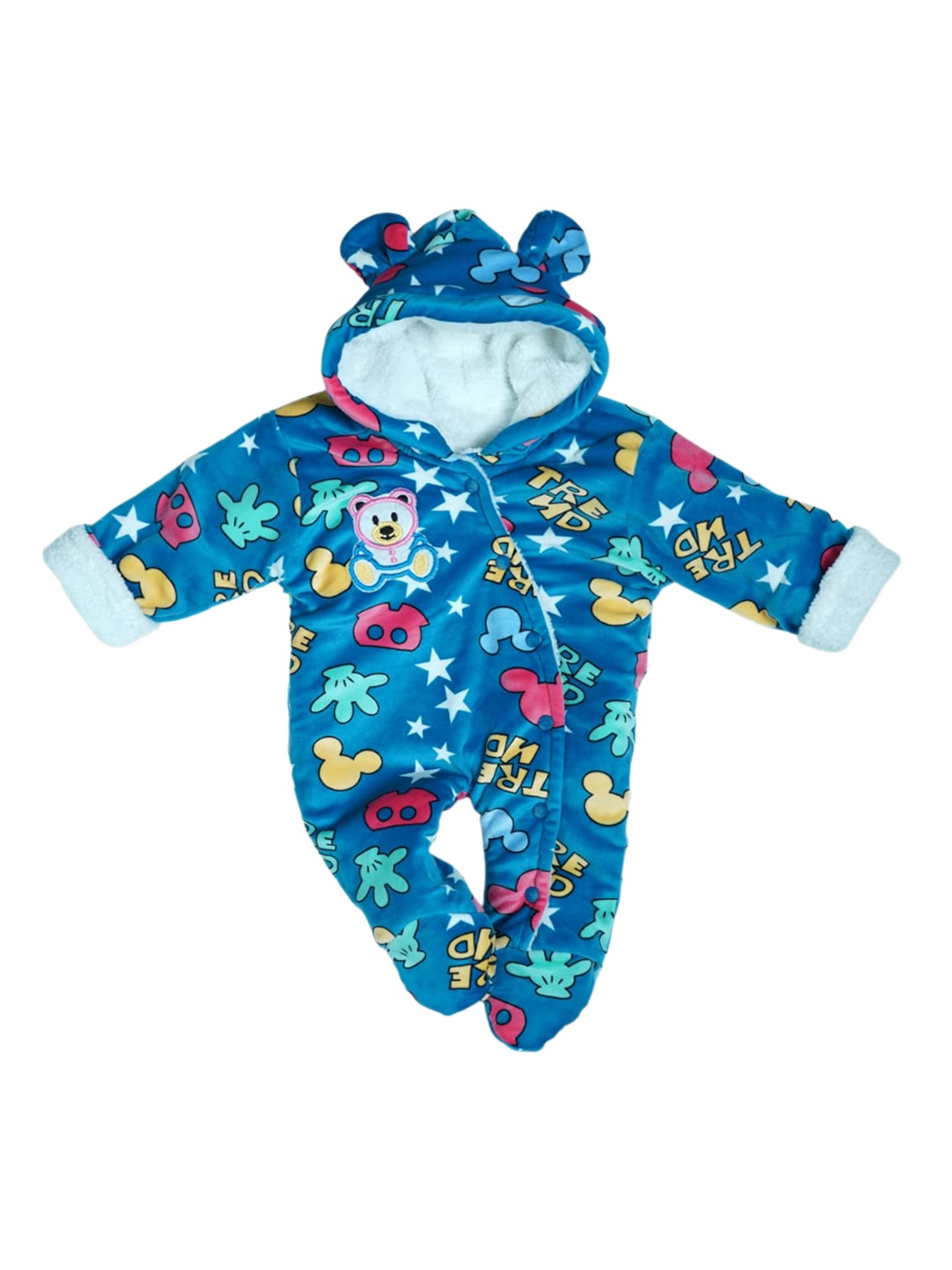 

BAESD Infants Turquoise Blue Hooded Printed Cotton Sleepsuit