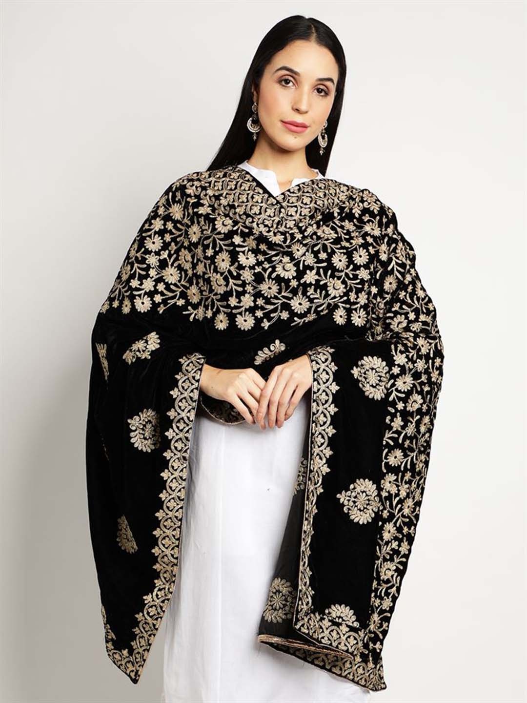 

Moda Chales Women Floral Embroidered Zari Detailed Velvet Shawl, Black