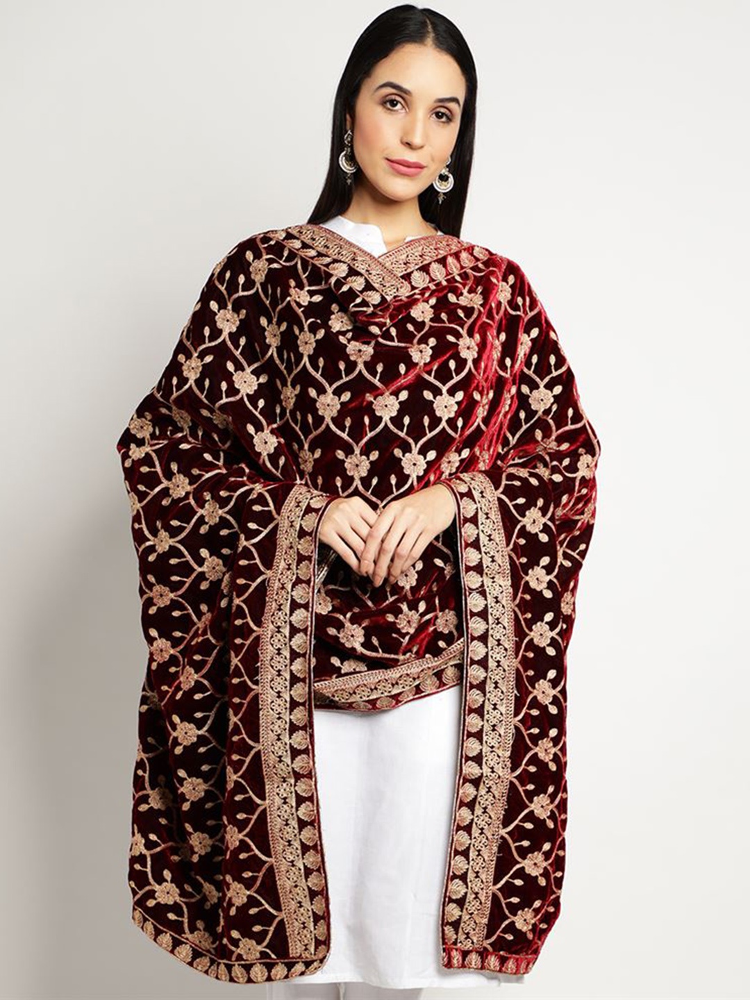 

Moda Chales Floral Embroidered Velvet Shawl, Maroon