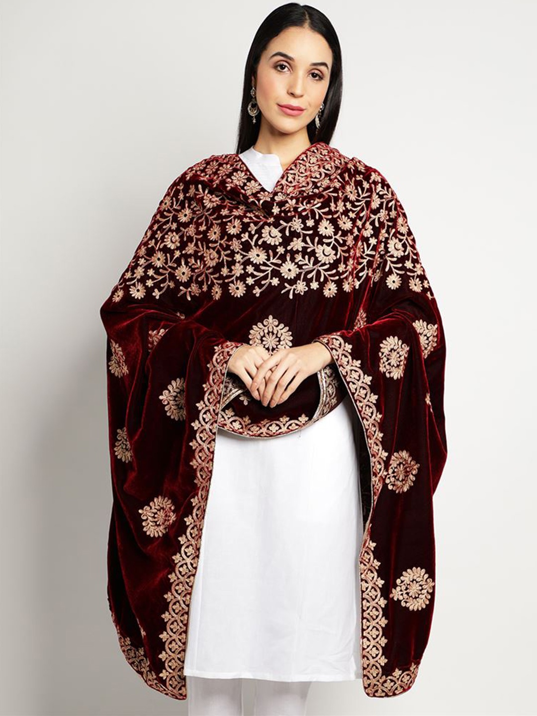 

Moda Chales Floral Embroidered Velvet Shawl, Maroon