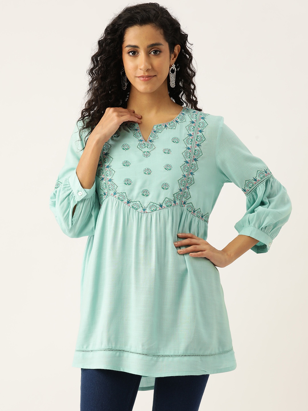 

MISRI Embroidered Puff Sleeves Tunic, Sea green