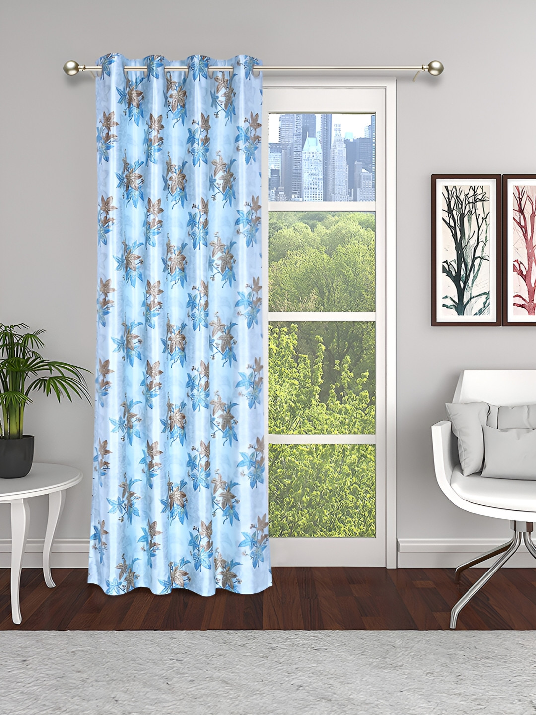 

THE CONVERSION Turquoise Blue & Brown Floral Long Door Curtain