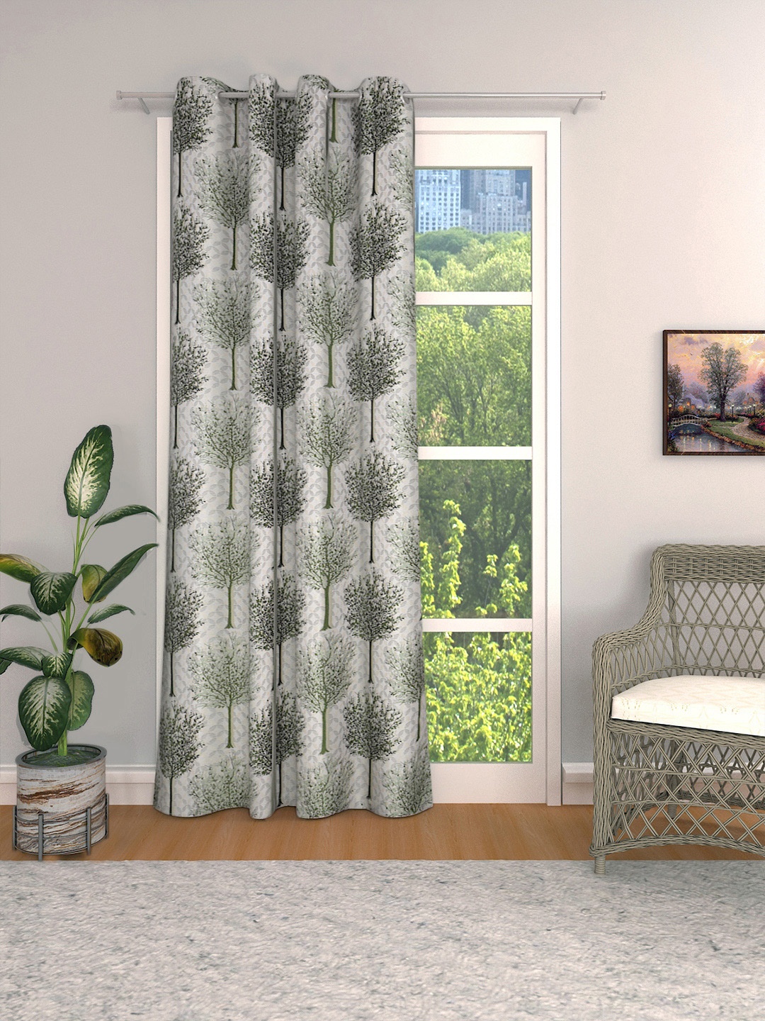 THE CONVERSION Green & Grey Floral Printed Long Door Curtain