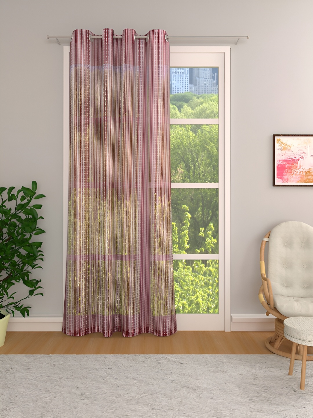 

THE CONVERSION Maroon & Pink Self Design Sheer Door Curtain