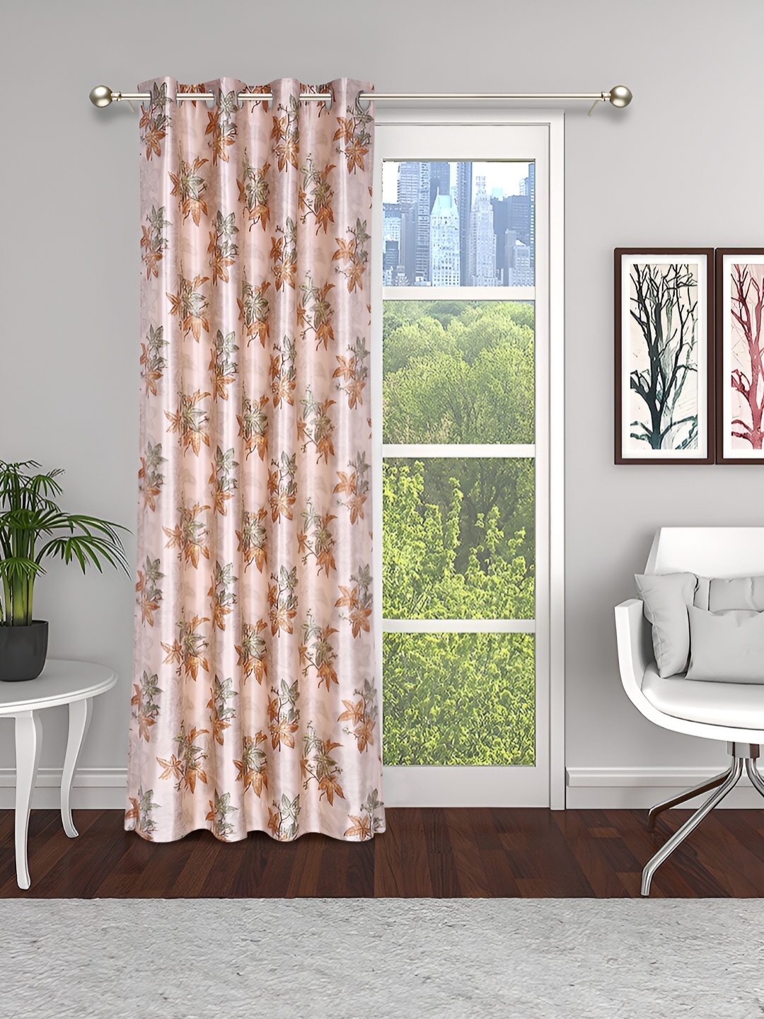 THE CONVERSION Coffee Brown & Orange Floral Regular Long Door Curtain