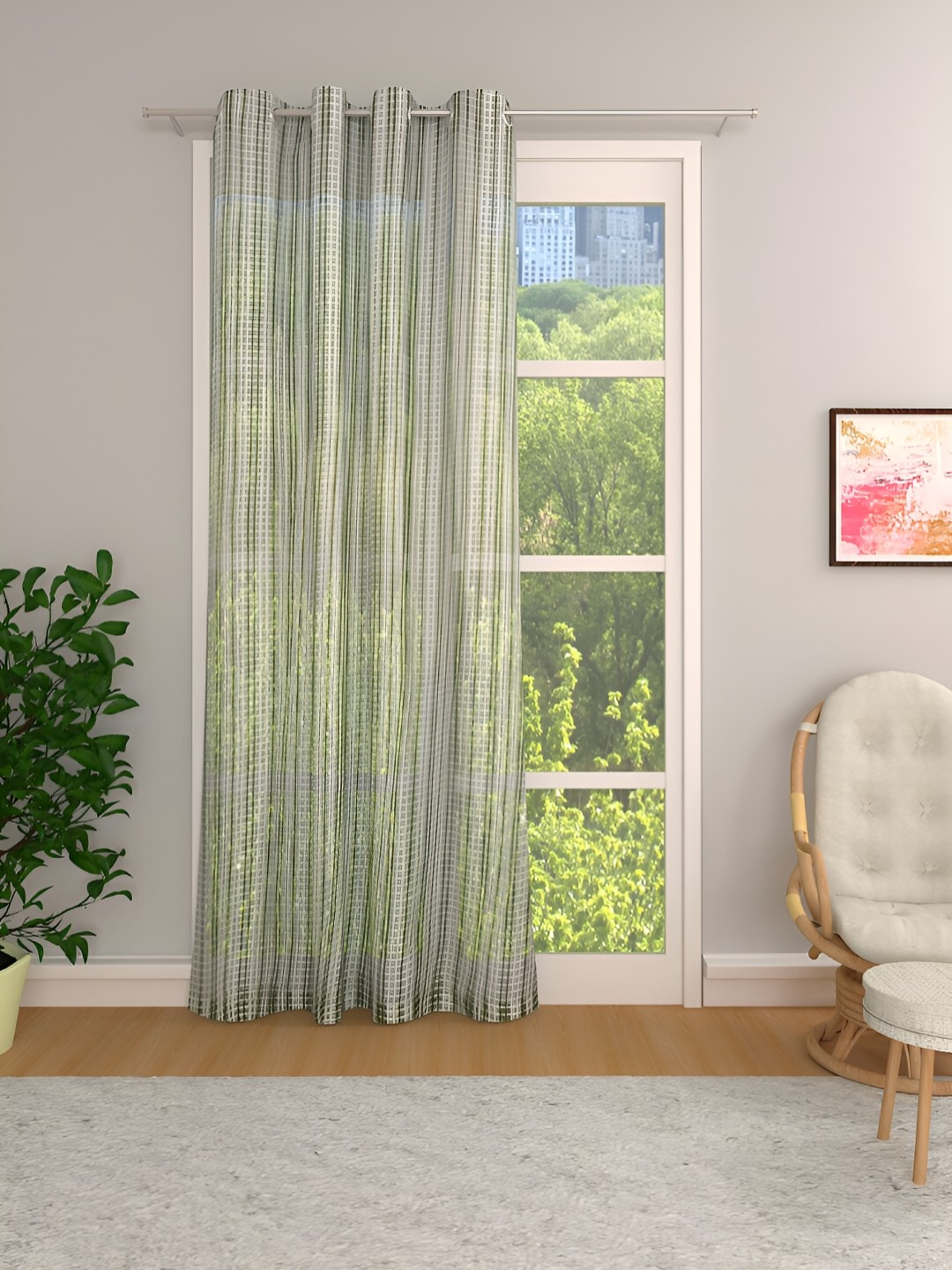 

THE CONVERSION Green & White Self Design Tissue Sheer Long Door Curtain