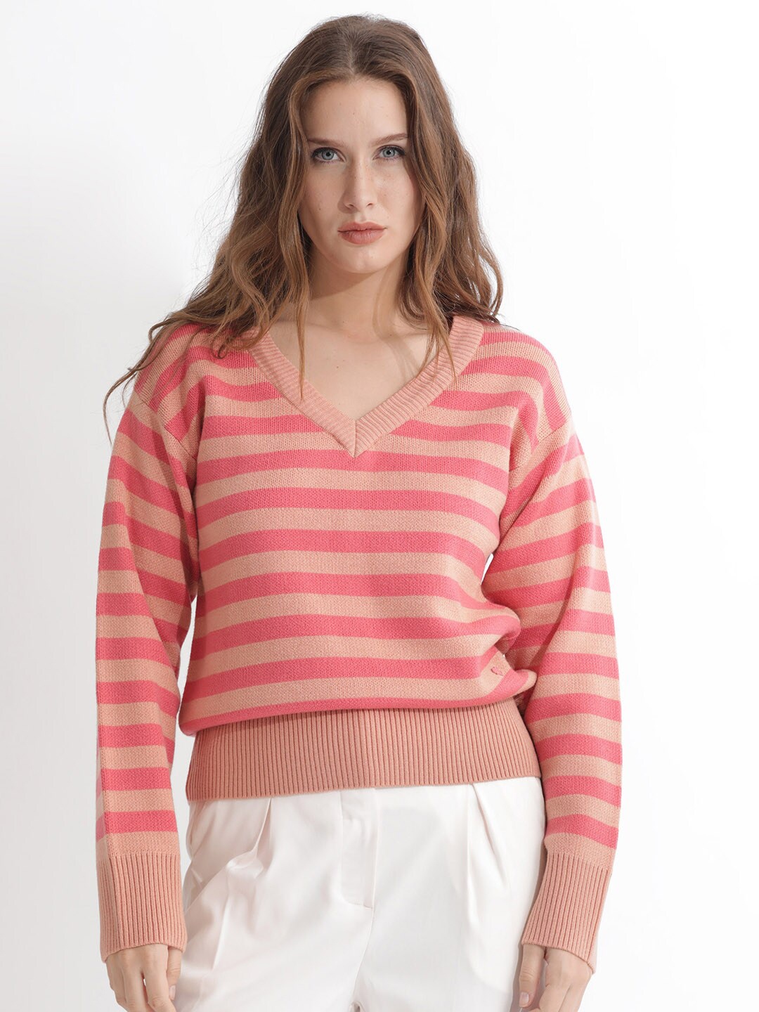 

RAREISM Striped V-Neck Pullover, Pink