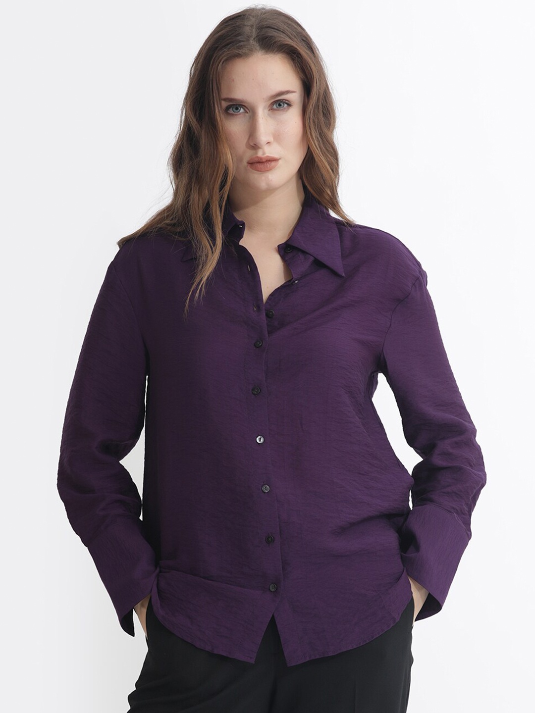 

RAREISM Spread Collar Long Sleeves Slim Fit Casual Shirt, Purple