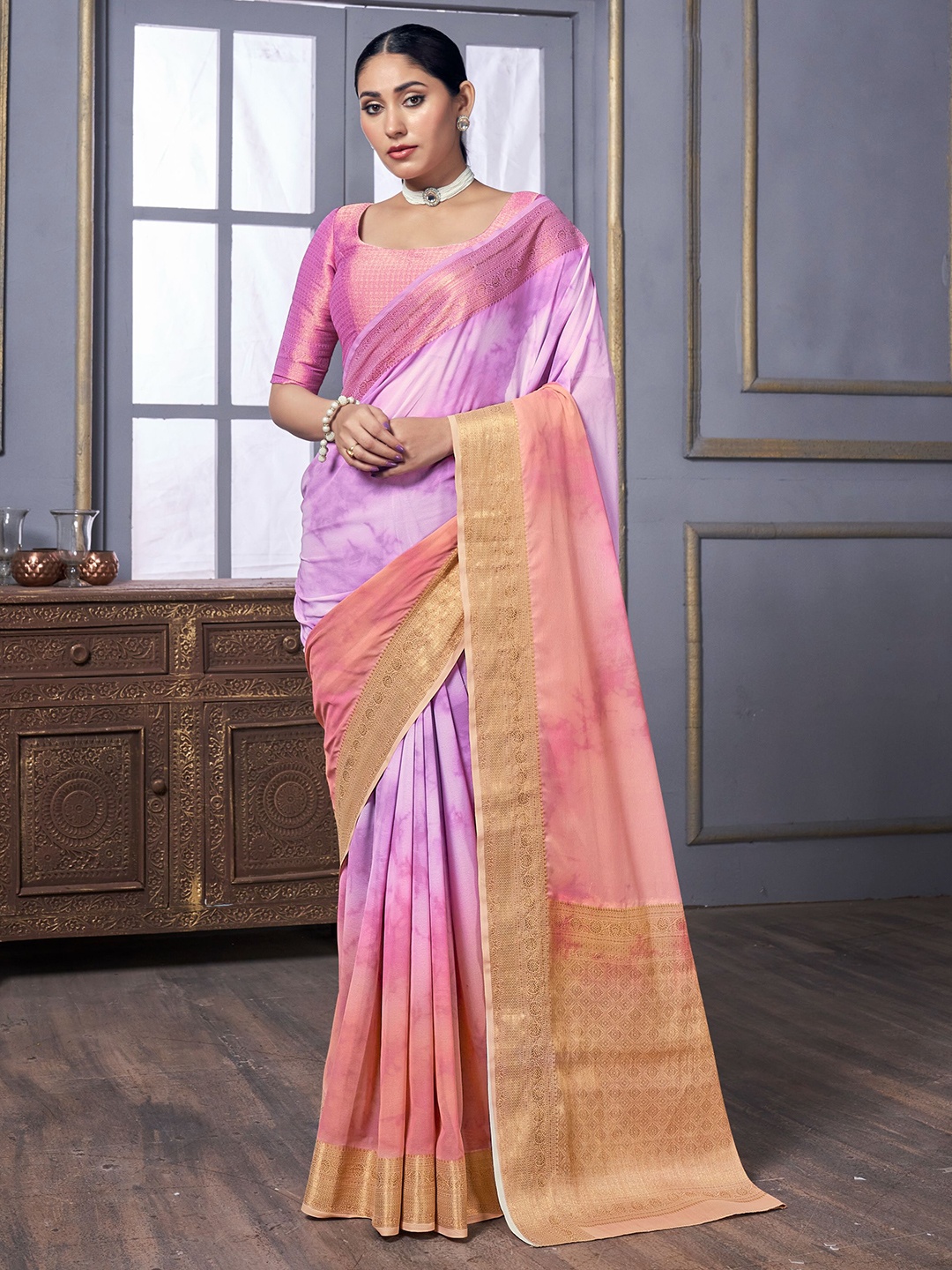 

Vardha Tie and Dye Pure Georgette Saree with Blouse Piece, Purple