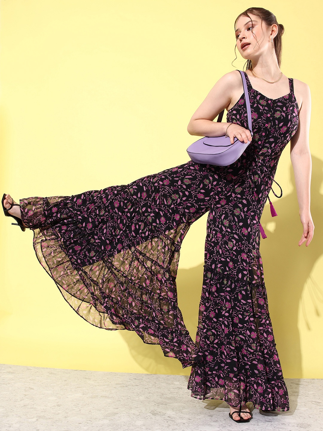 

QUIERO Floral Printed Culotte Jumpsuit, Black