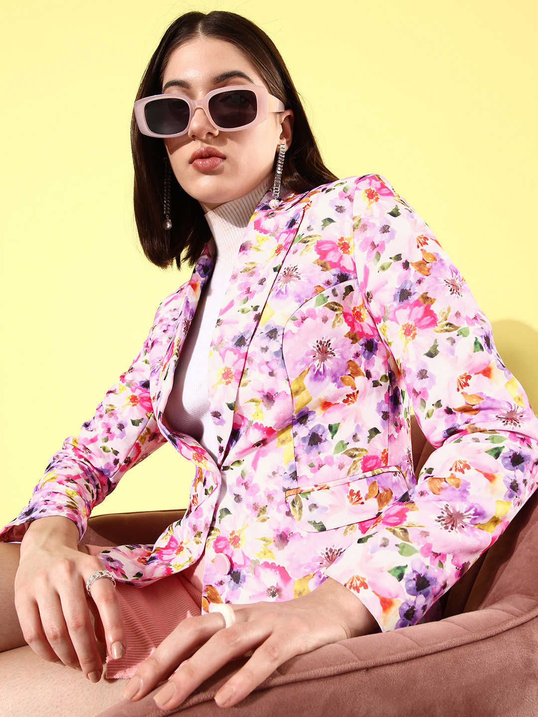 

QUIERO Printed Regular Fit Single-Breasted Blazer, Pink