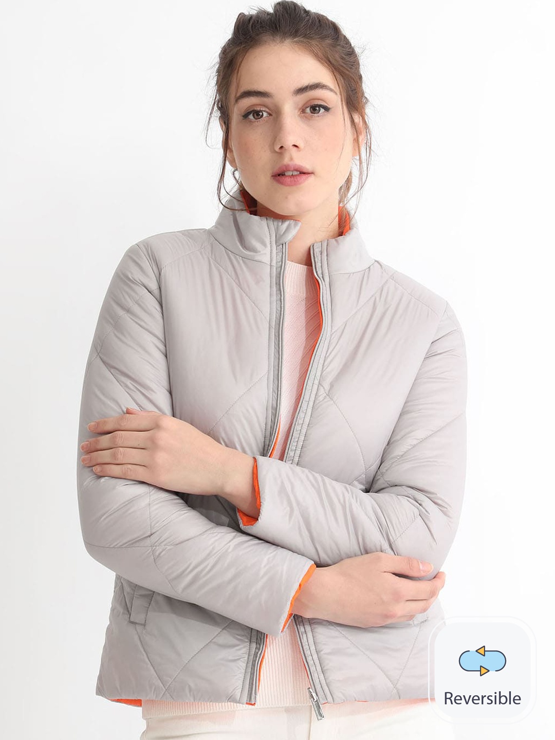 

RAREISM Long Sleeves Mock Collar Reversible Puffer Jacket, Grey
