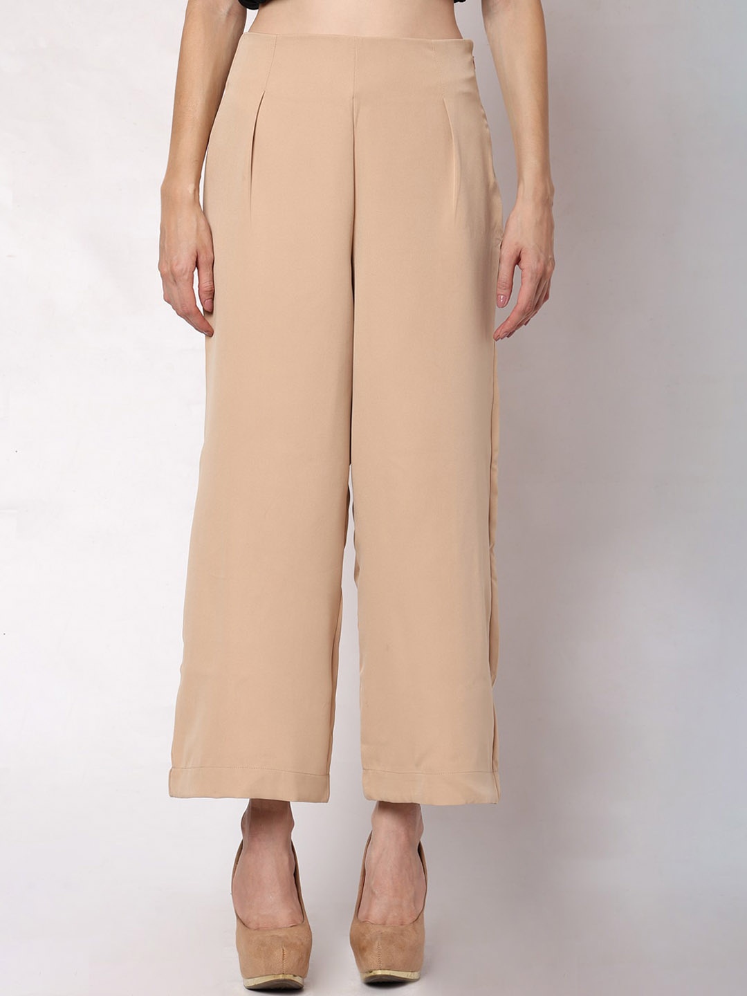 

Urban Komfort Women Flared High-Rise Pleated Trousers, Beige