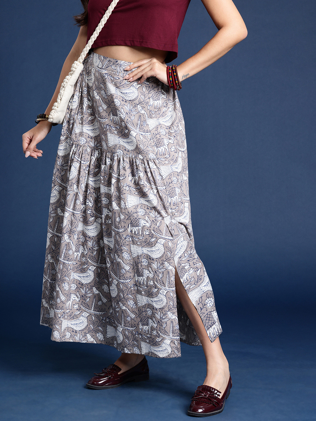 

Taavi Ethnic Print Gathered-Detail Maxi A-Line Skirt, Brown