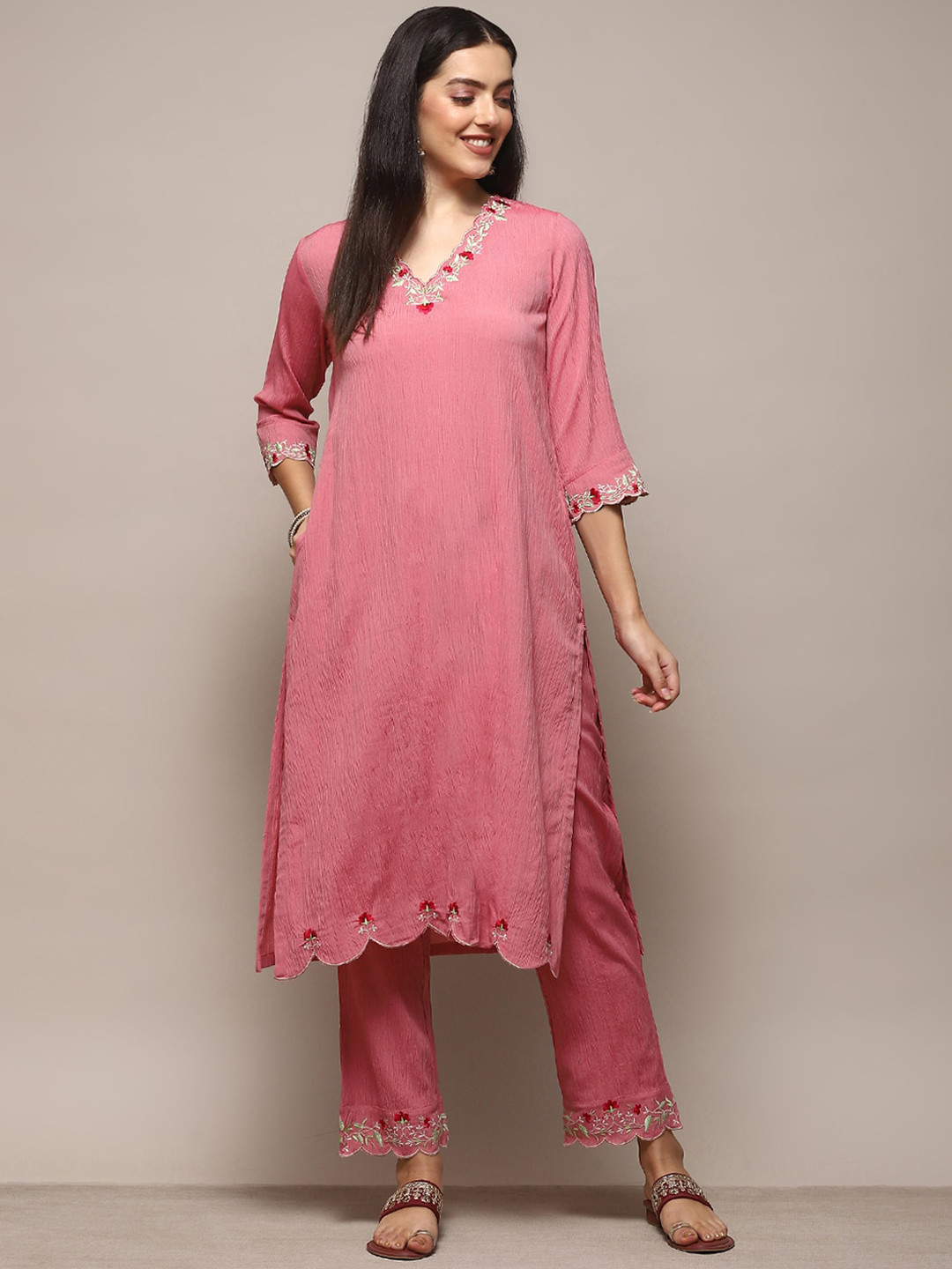 

Biba Floral Embroidered Regular Kurta with Palazzos, Pink