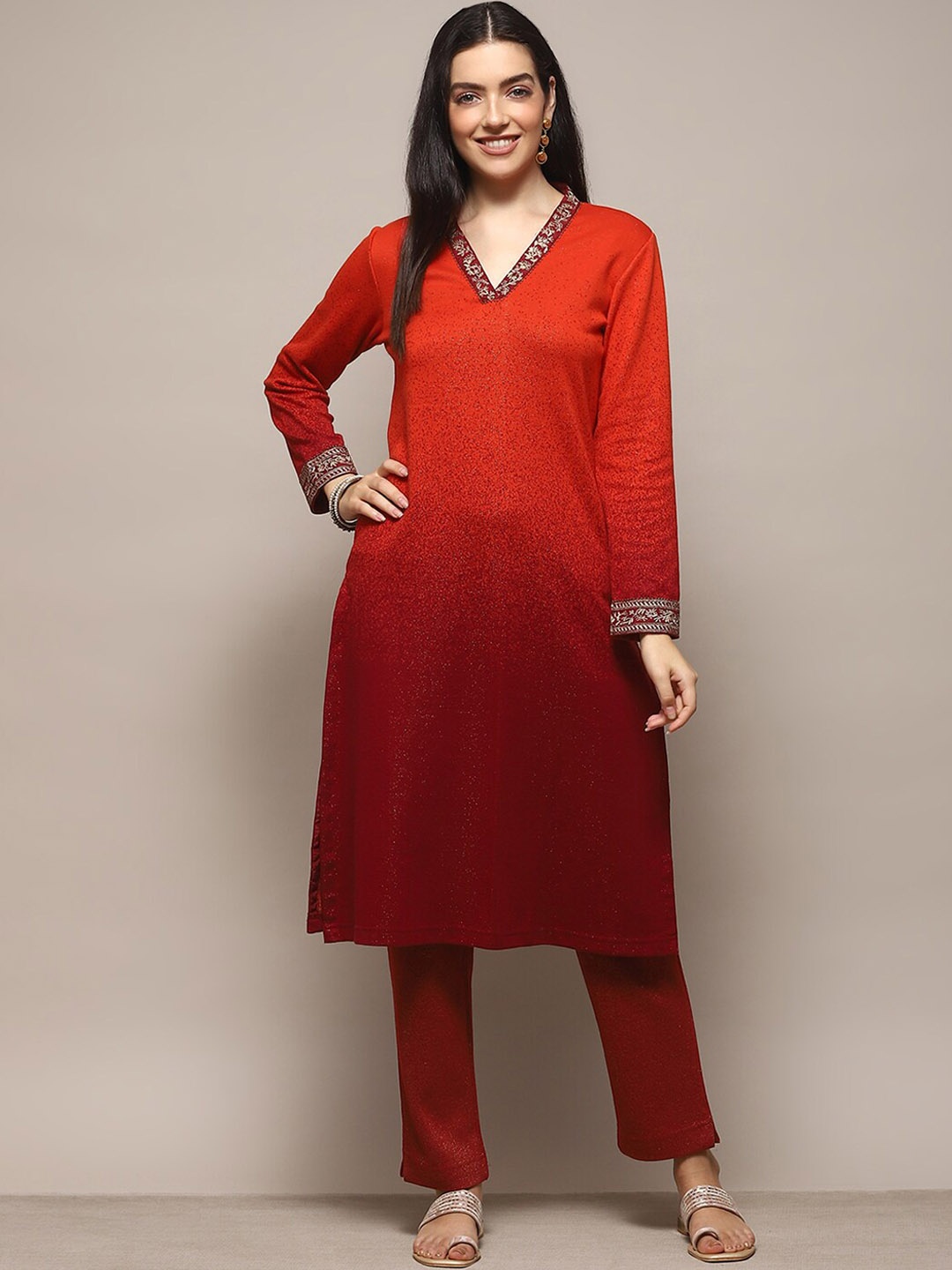 

Biba Dyed Zari V-Neck Straight Kurta with Trousers, Red