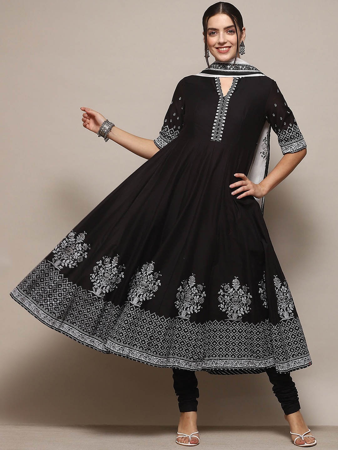 

Biba Ethnic Motifs Printed Regular Pure Cotton Kurta with Churidar & Dupatta, Black