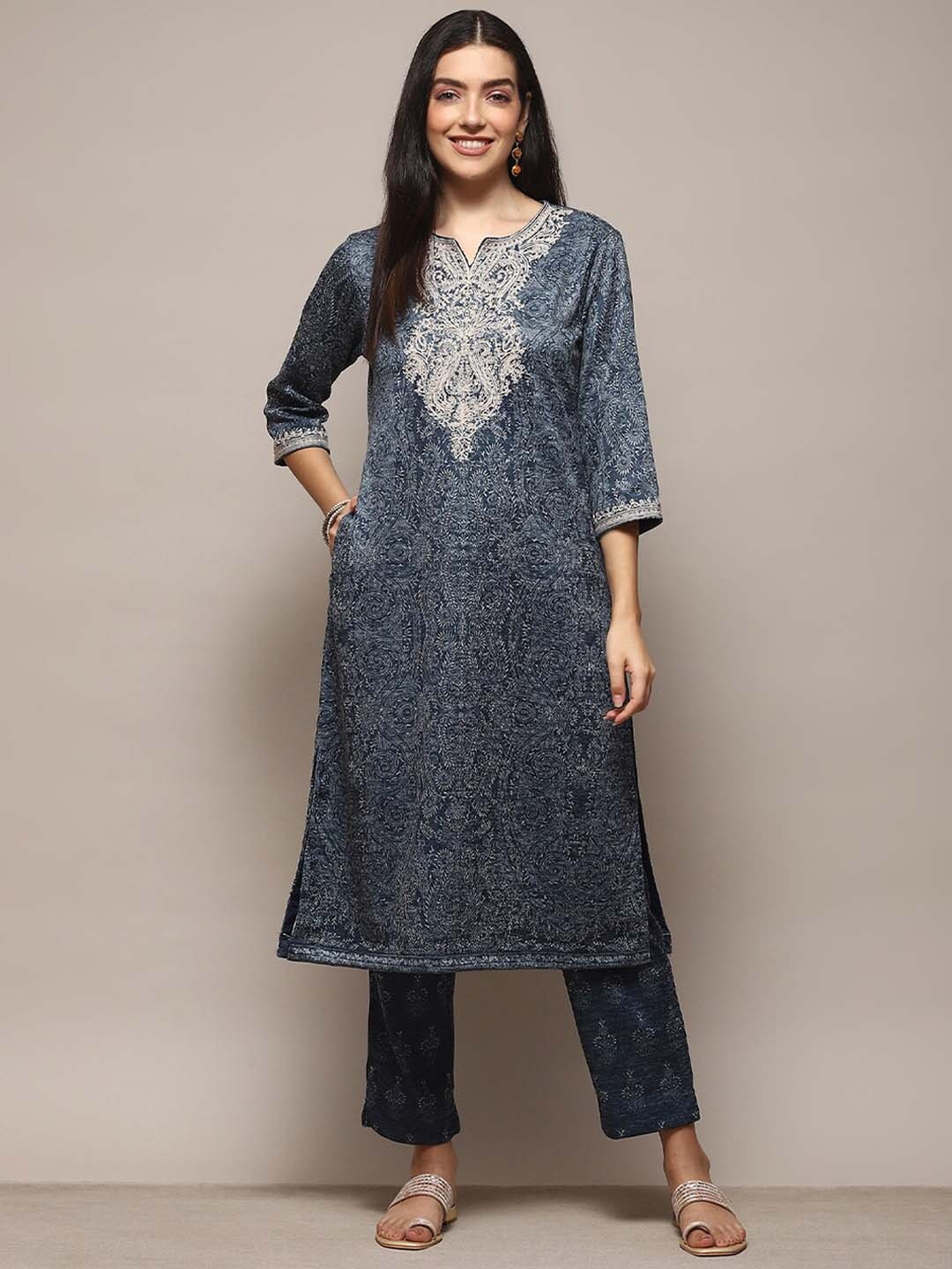 

Biba Ethnic Motifs Printed Thread Work Straight Kurta With Trouser, Blue