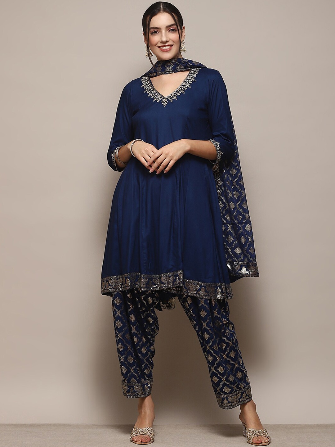 

Biba Ethnic Motifs Embroidered Anarakali Kurta with Salwar & Dupatta, Blue