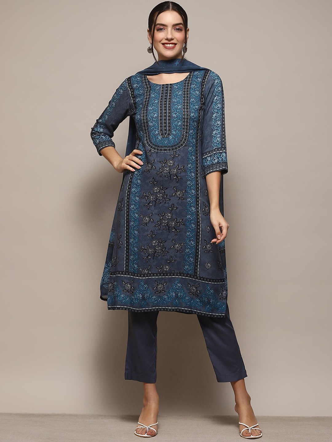 

Biba Ethnic Motifs Printed Straight Kurta With Trouser & Dupatta, Blue