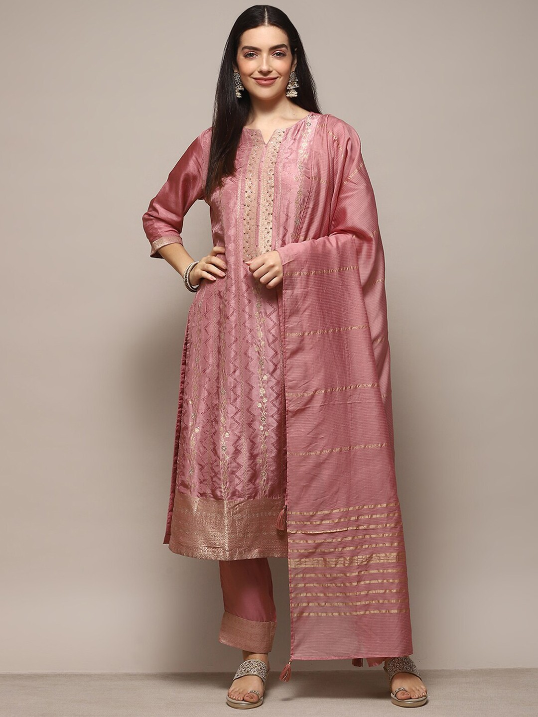 

Biba Floral Woven Design Beads & Sequined Kurta with Trousers & Dupatta, Pink