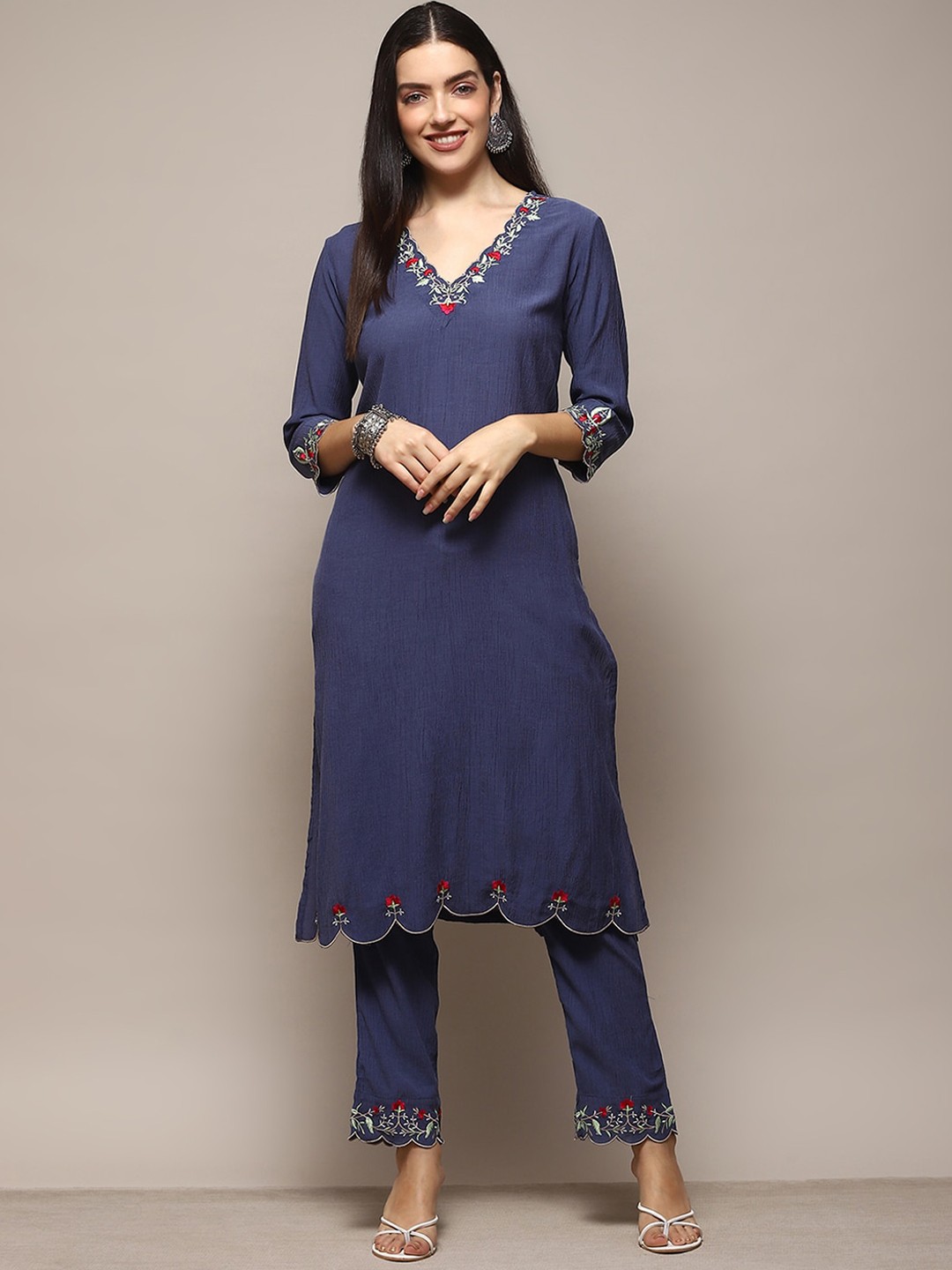 

Biba Floral Thread Work Kurta with Palazzos, Blue