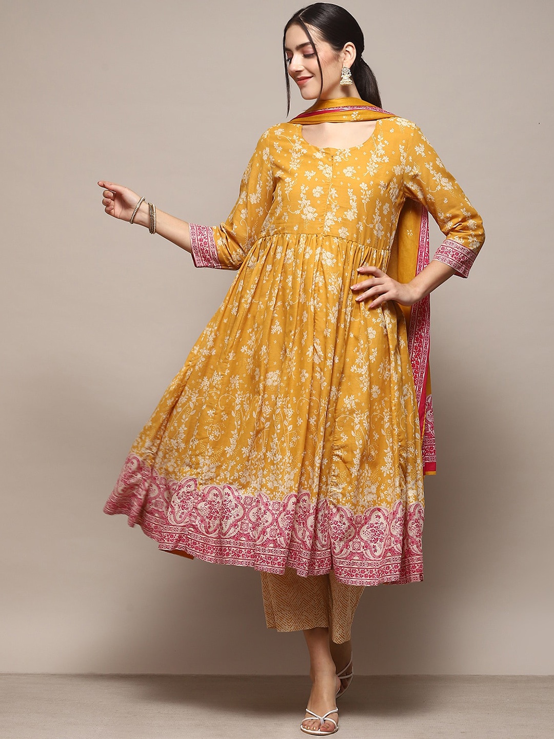 

Biba Floral Printed A-Line Kurta With Palazzos & Dupatta, Yellow