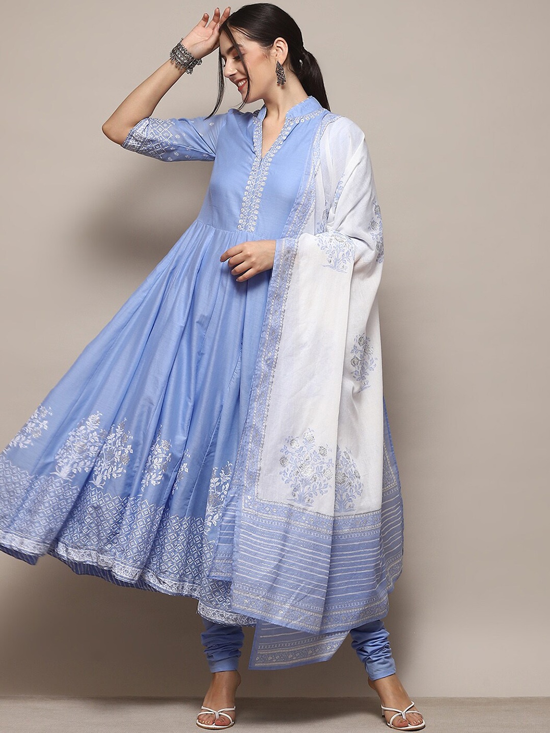 

Biba Floral Printed Pure Cotton Anarkali Kurta With Trousers & Dupatta, Blue