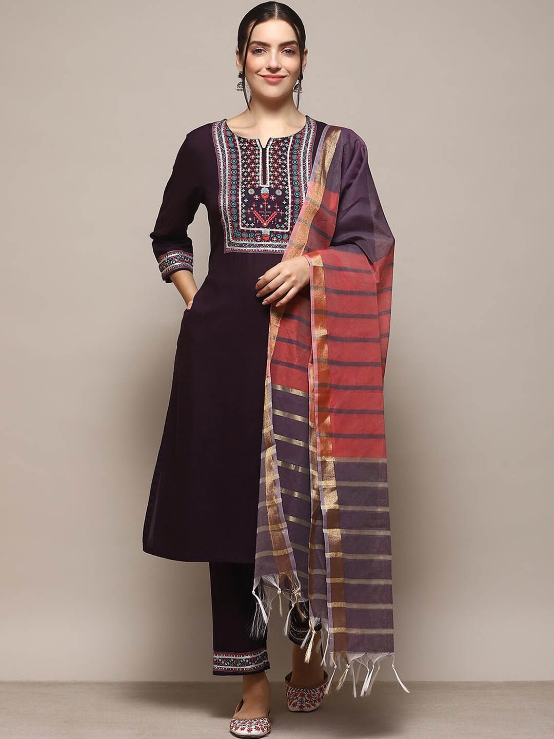 

Biba Ethnic Motifs Yoke Design Straight Kurta With Trousers & Dupatta, Violet