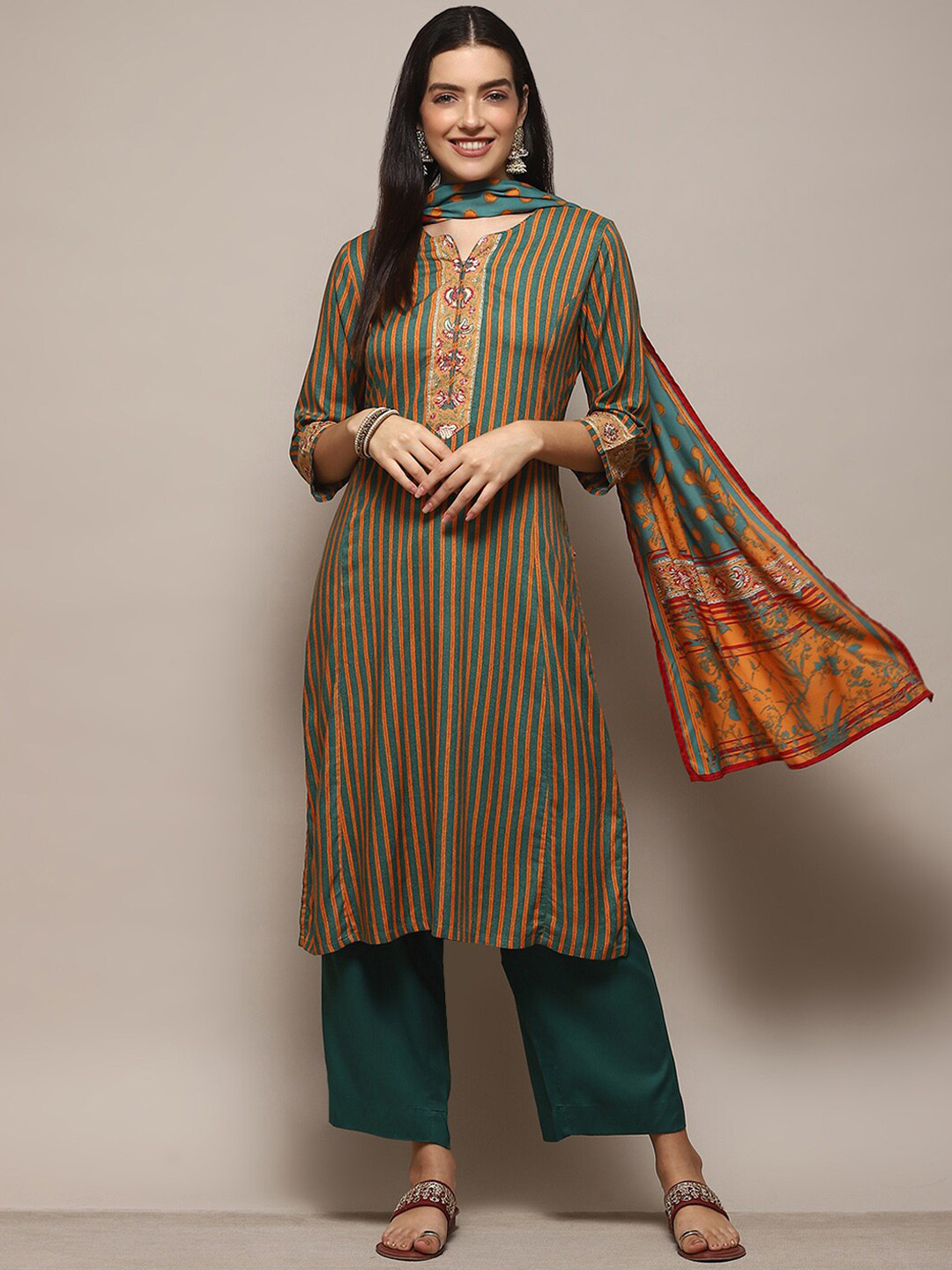 

Biba Striped Notched Neck Kurta with Palazzos & Dupatta, Green