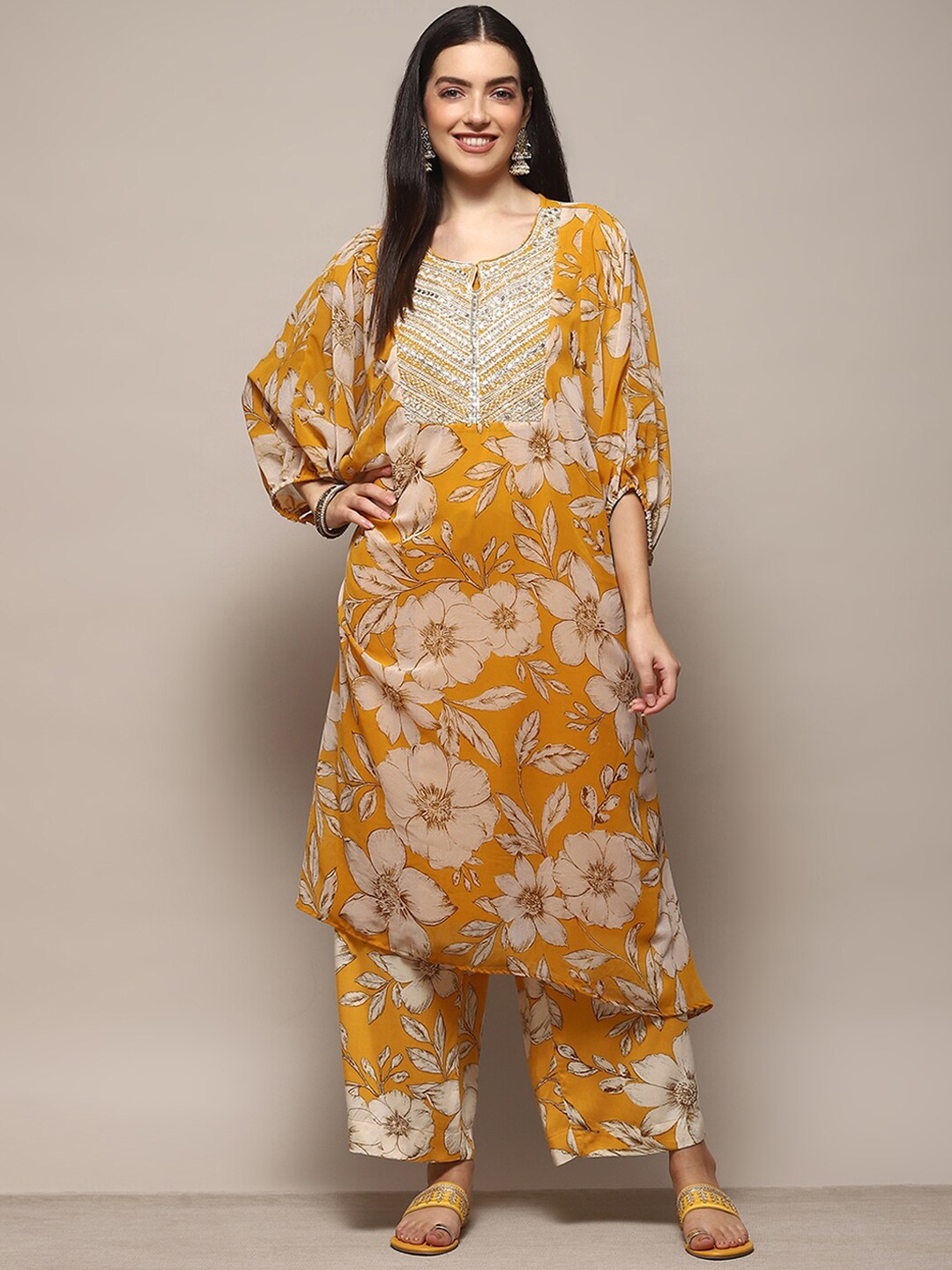 

Biba Floral Printed A-line Kurta with Palazzos, Yellow