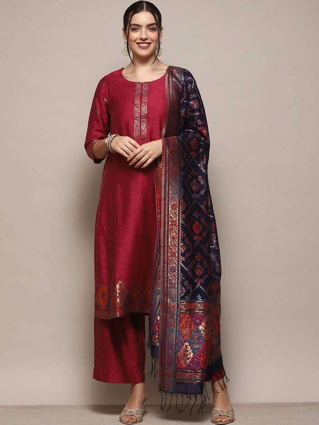 

Biba Ethnic Motifs Yoke Design Pure Cotton Kurta With Palazzos & Dupatta, Pink