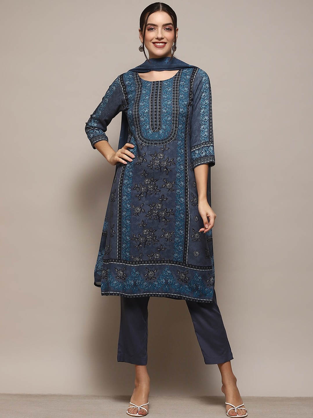 

Biba Ethnic Motifs Printed Kurta With Trousers & Dupatta, Blue