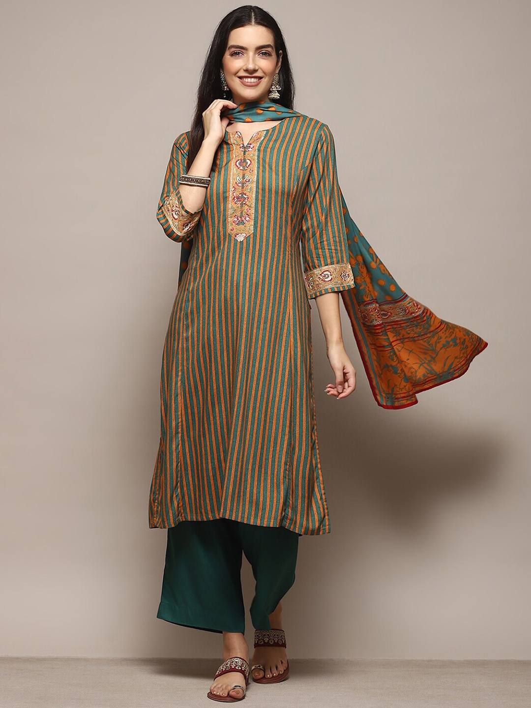 

Biba Striped Notched Neck Straight Kurta With Palazzo & Dupatta, Green