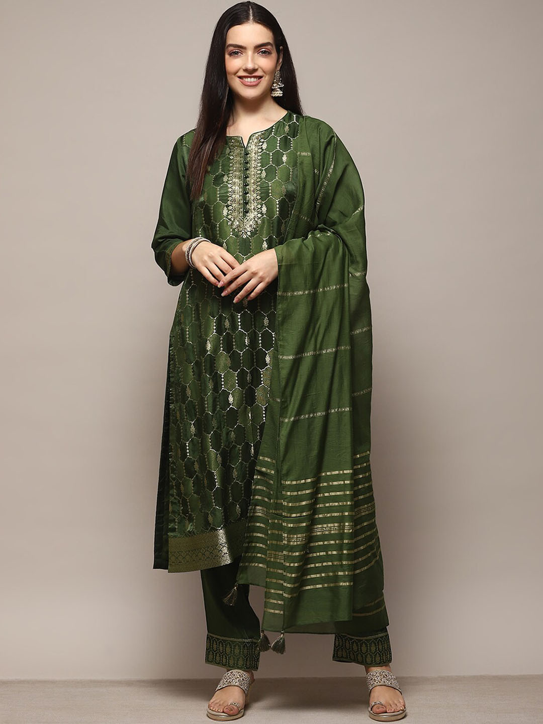 

Biba Ethnic Motifs Woven Design Zari Kurta with Trousers & Dupatta, Green