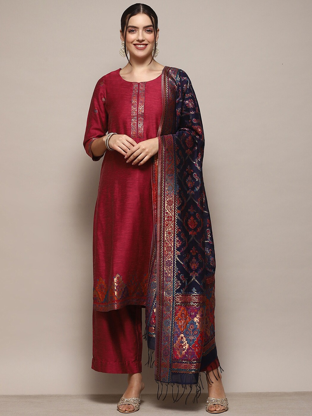 

Biba Ethnic Motifs Yoke Design Pure Cotton Kurta With Palazzos & Dupatta, Pink