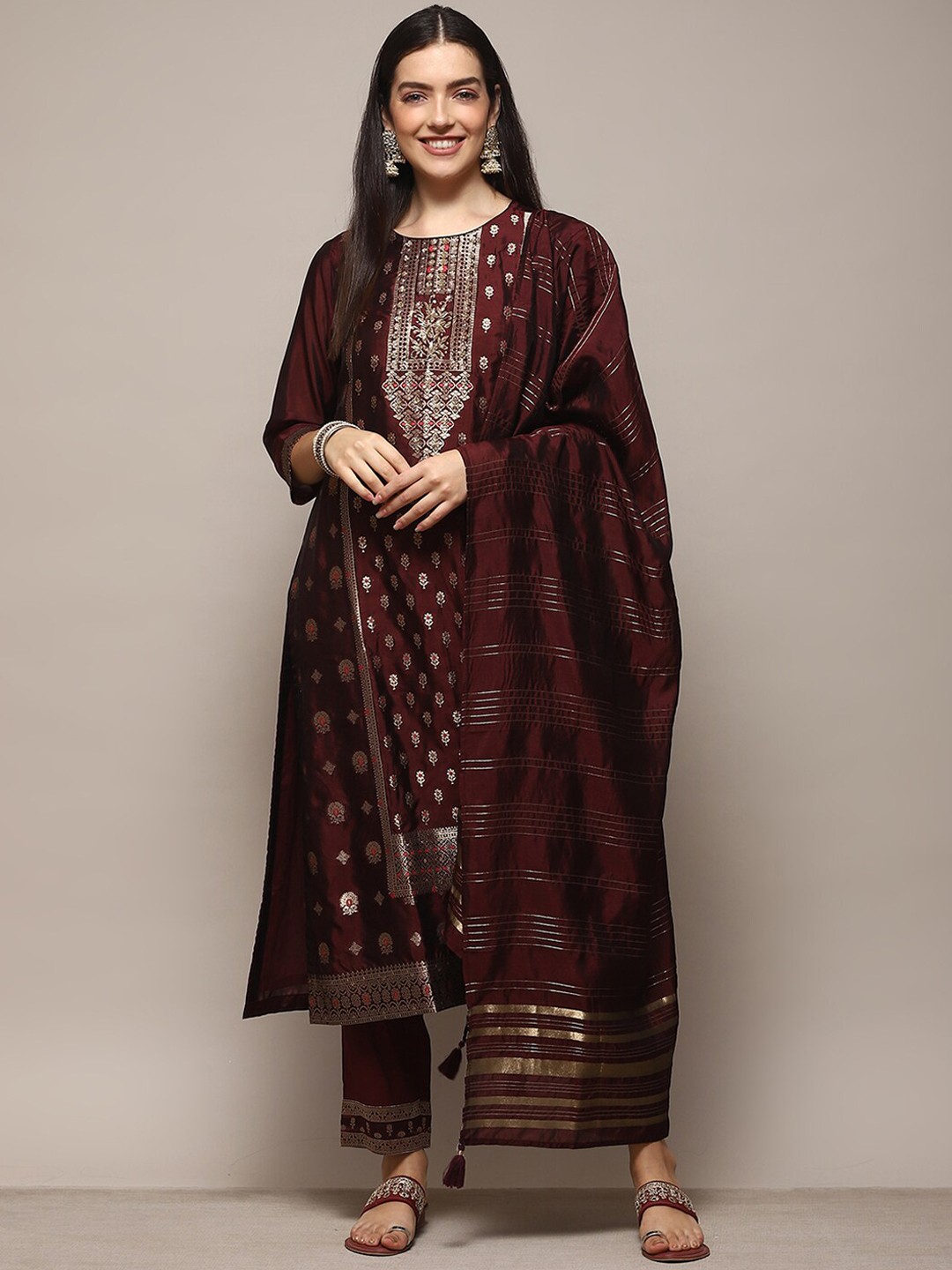 

Biba Ethnic Motifs Woven Design Zari Kurta With Trousers & Dupatta, Burgundy