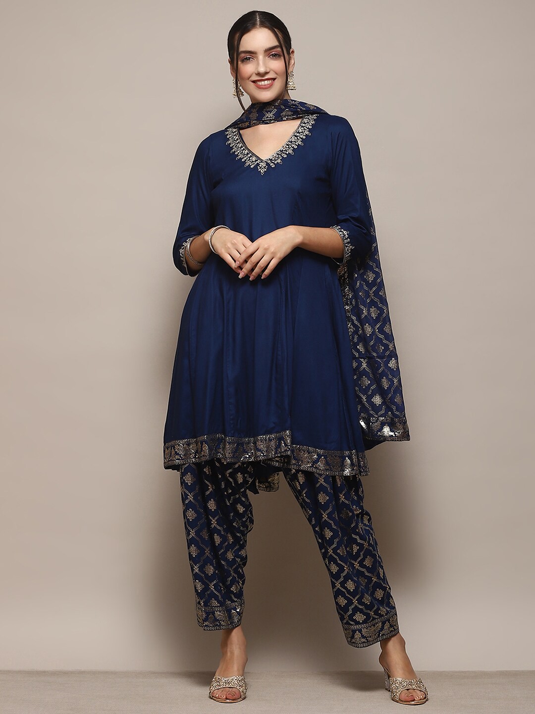 

Biba Ethnic Motifs Embroidered A-Line Kurta With Salwar & Dupatta, Blue
