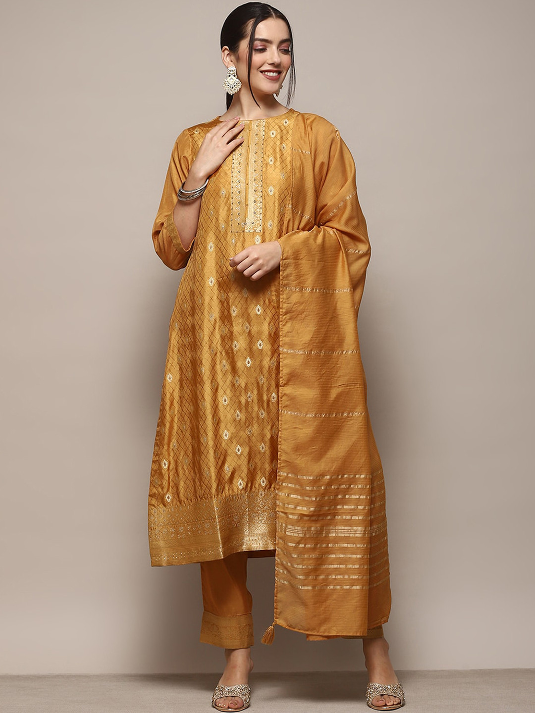 

Biba Ethnic Motifs Woven Design Zari Kurta With Trousers & Dupatta, Mustard