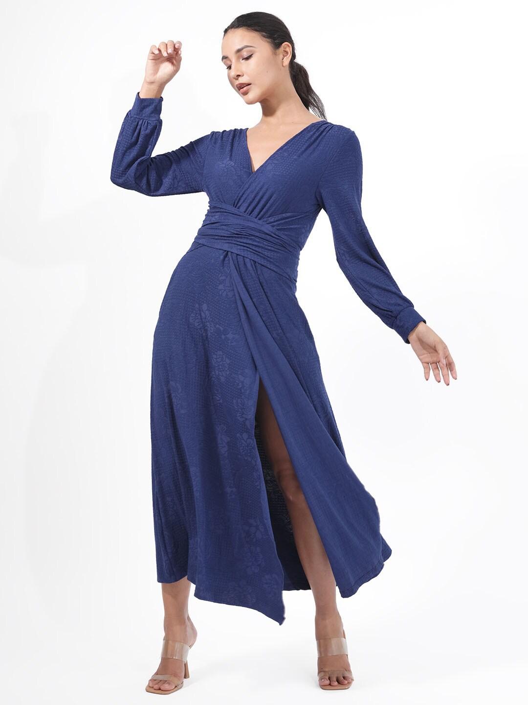 

RAREISM Floral Self Design V-Neck Maxi Party Dress, Navy blue