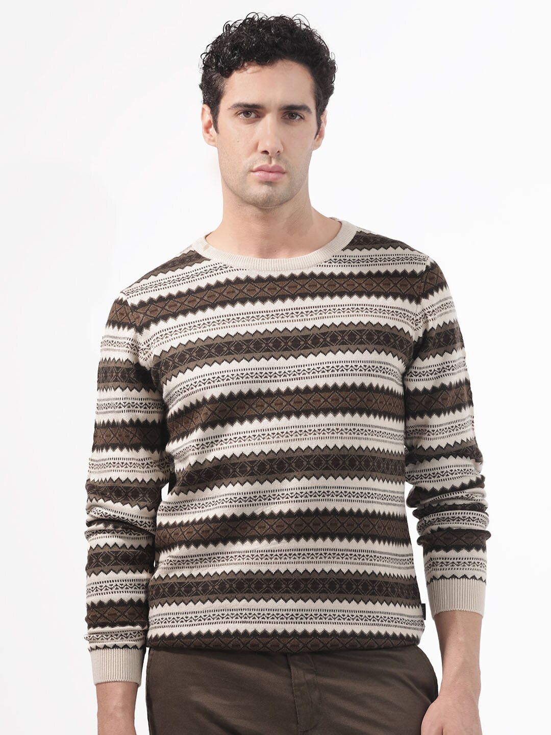 

RARE RABBIT Men Fare Crew Neck Striped Acrylic Sweater, Off white