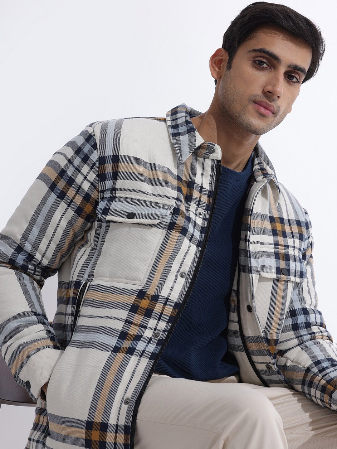 

RARE RABBIT Men Hollis Tailored Fit Checked Cotton Jacket, Off white