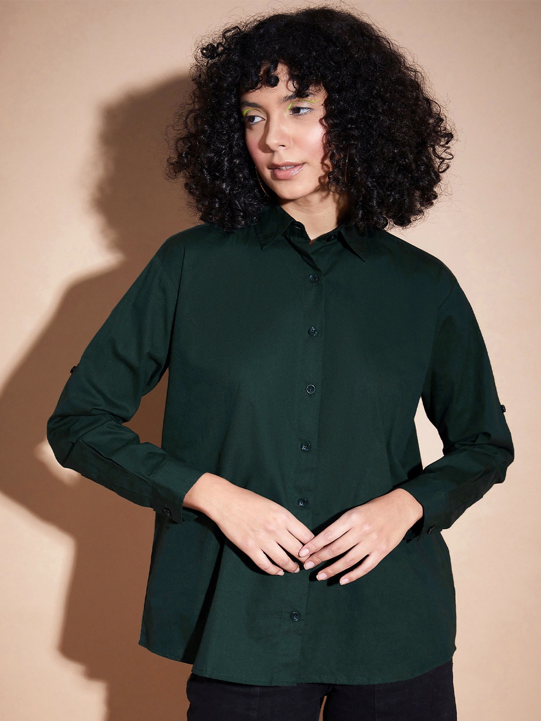 

SASSAFRAS BASICS Spread Collar Pure Cotton Oversized Casual Shirt, Green